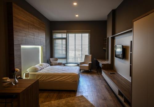 卡特佩Bureau Residence的一间卧室配有一张床、一张书桌和一台电视。