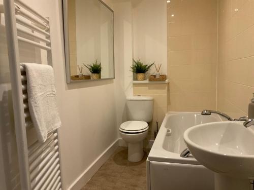 埃格姆Modern 2 Bed Apt in Egham High Street, with private parking and Wifi的白色的浴室设有卫生间和水槽。