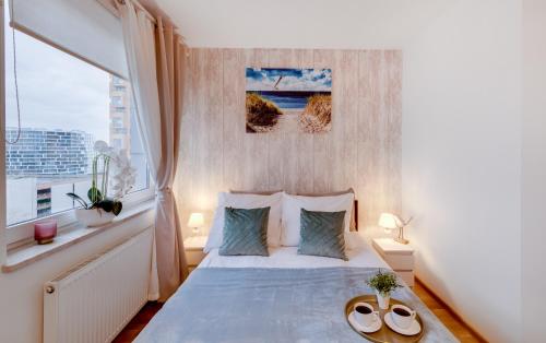 格但斯克Apartament Primavera的一间卧室设有一张床和一个大窗户