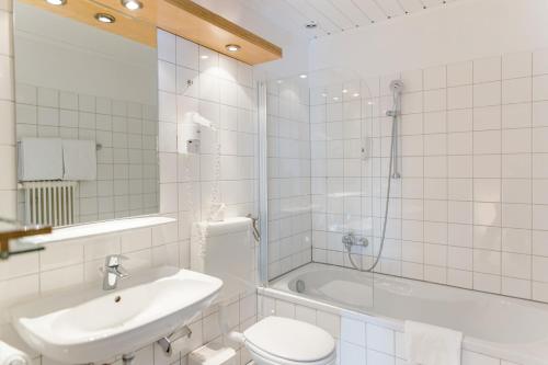 莱布尼茨洛美霍夫酒店及餐厅的一间带水槽、卫生间和淋浴的浴室