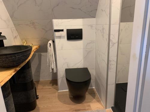 新阿姆斯特丹B&B bij Vincent的浴室设有黑色的卫生间和水槽。