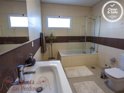 蓬塔德尔加达Quinta das Perdizes的带浴缸、卫生间和盥洗盆的浴室