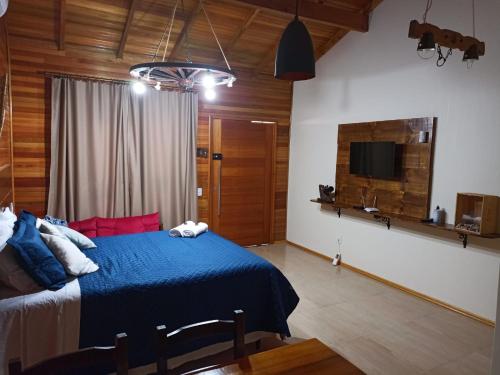 圣若阿金Aconchego da Serra Geminados的一间卧室配有蓝色的床和电视