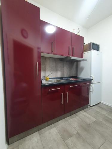 开姆尼茨Im Kuckucksnest的厨房配有红色橱柜和白色冰箱