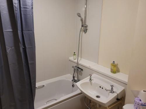 IfieldMarvellous Meridian Maisonette的白色的浴室设有水槽和淋浴。