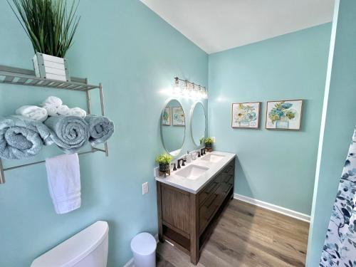 威尔明顿Charming, Beautiful, Treetop Loft, Prime Location的蓝色的浴室设有水槽和镜子