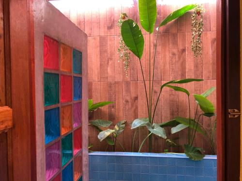 高兰One World Bungalows的植物浴室里五颜六色的玻璃窗