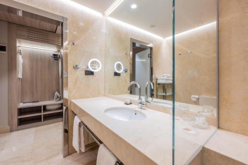 马德里普雷西亚多斯酒店的一间带水槽和淋浴的浴室