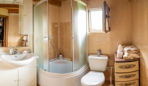 博尔沙Cabana Rustic的带淋浴、卫生间和盥洗盆的浴室