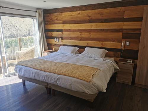 皮斯科艾齐Lodge Nueva Elqui的一间卧室设有一张带木墙的大床