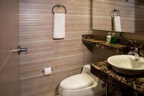 波哥大Apartamentos Plaza Suites的一间带卫生间和水槽的浴室