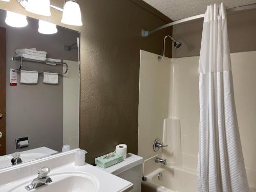 俾斯麦俾斯麦速8酒店的一间带水槽和淋浴帘的浴室