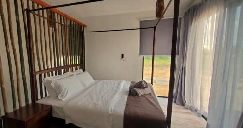 KumbatangEagle Bay Retreat Borneo Beach Villas Beach Front的一间卧室设有天蓬床和窗户。