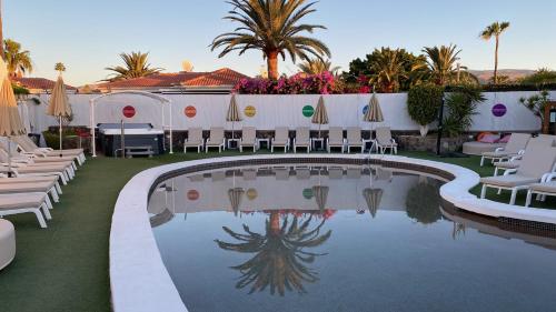 马斯帕洛马斯彩虹高尔夫别墅度假酒店，仅限男同性恋者的度假村内带椅子和遮阳伞的游泳池