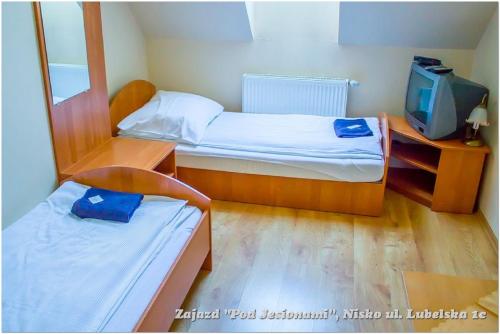 NiskoZajazd Pod Jesionami的小房间设有两张床和电视