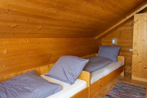 翁特陶埃恩Wallackhaus hütte的小屋设有两张木墙床