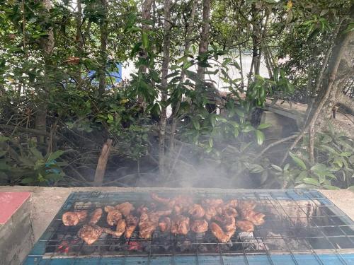 双溪大年CabinStay Cikgu Sungai Batu Besi的烤架上烤的一群鸡