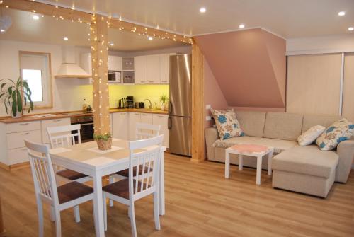 派尔努LiisuPesa Apartment with Sauna and Garden的厨房以及带桌子和沙发的客厅。