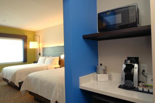 奥那拉斯加Holiday Inn Express & Suites Onalaska - La Crosse Area, an IHG Hotel的一间酒店客房,配有一张床和一台墙上的电视