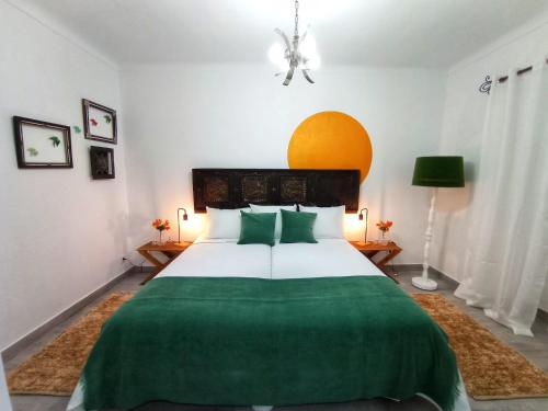 雷根古什-迪蒙萨拉什Casa Solua的一间卧室配有一张带绿毯的大床