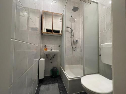 施塔斯富尔特Tränental 4.3的浴室配有卫生间、盥洗盆和淋浴。