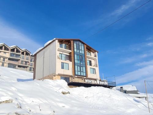 古多里Gudauri Winter House的一座位于雪覆盖的山顶上的建筑