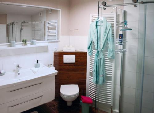 GermerodeFerienwohnung Mohnbrise的带淋浴、卫生间和盥洗盆的浴室