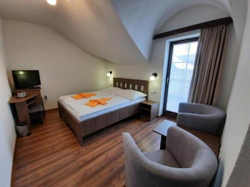 贝谢诺瓦Hotel Flora的一间卧室配有一张床、两把椅子和电视