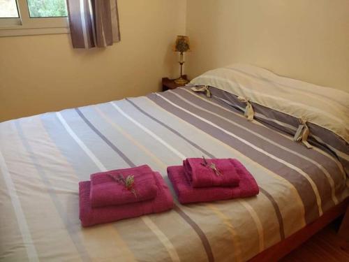 La ConsultaEco Cabaña Rural的床上有两条粉红色的毛巾