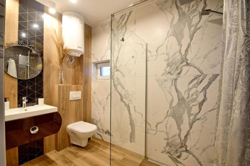 罗威Morski Zakątek Apartamenty的带淋浴和卫生间的浴室