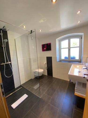 普莱因费尔德民俗乡间旅馆的带淋浴、卫生间和盥洗盆的浴室