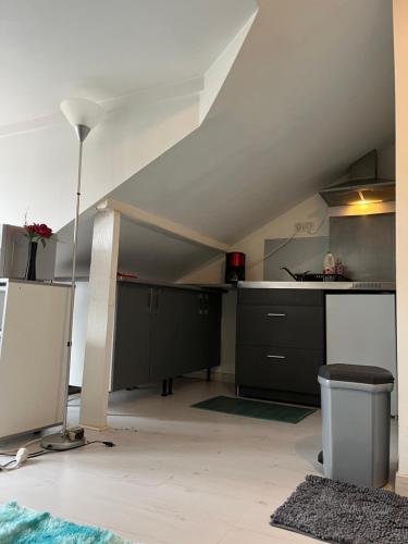 普瓦西Studio-Meublé HyperCentre的厨房配有黑色橱柜和白色天花板