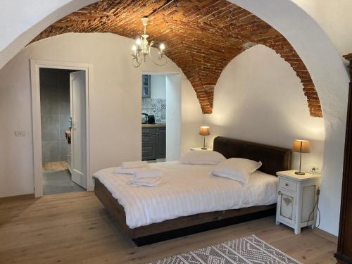 锡比乌Historical Center Residence 2的一间卧室设有一张带砖砌天花板的大床
