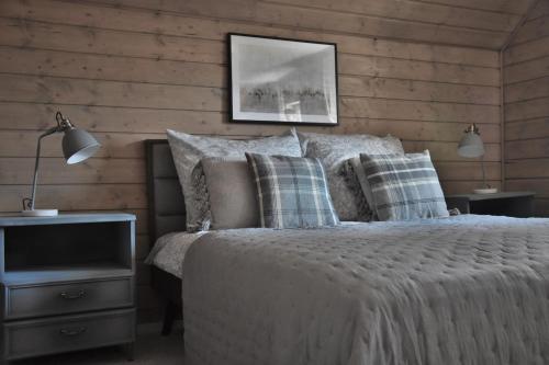 斯克拉斯卡波伦巴Oto Widoki的一间卧室设有一张床,木墙上配有电视。