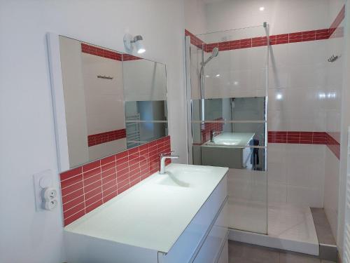 PlouarzelCottage in Plouarzel的浴室设有水槽和红色瓷砖淋浴。