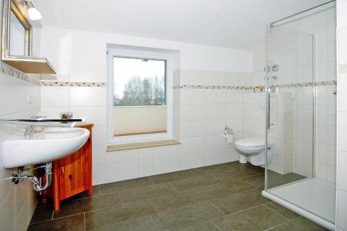里布尼茨达姆加滕Apartment, Ribnitz-Damgarten的浴室配有卫生间、盥洗盆和淋浴。