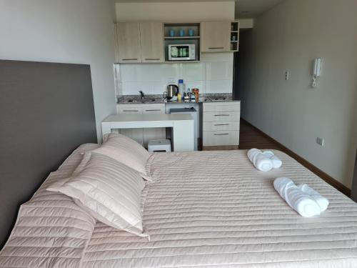 萨尔塔Aires de Capital Depto的一间卧室配有一张带两个枕头的床,一间厨房