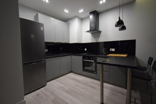 乔左维尔考普尔斯基Londyńska 9的厨房配有黑色家电和黑色台面