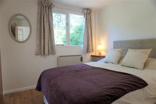 Newton PopplefordSecret Chalet的一间卧室配有一张带镜子的大床和窗户