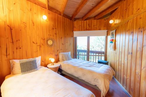 玛莎山Kinoie Mornington - OCEANVIEW的木墙客房的两张床