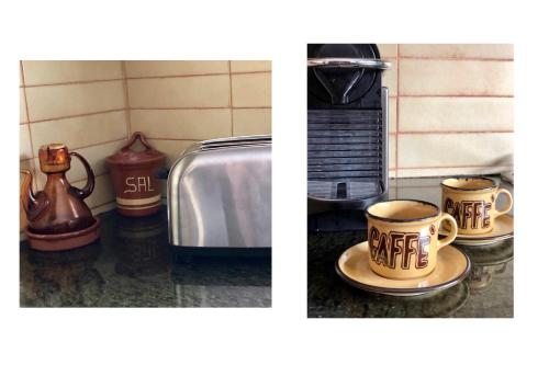 拉莫利纳Apartament el Cérvol的烤面包机旁柜台上的两张咖啡杯照片