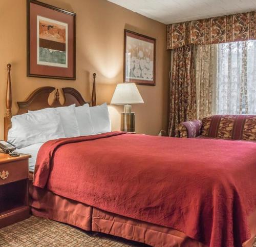 斯特劳兹堡FairBridge Inn & Suites Poconos的一间卧室设有红色的床和窗户。