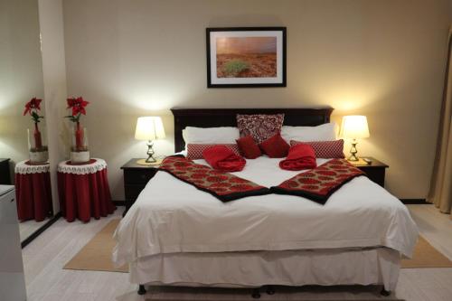 鲸湾港Amjicaja Guesthouse, Tours & Rentals的一间卧室配有一张带红色枕头的床