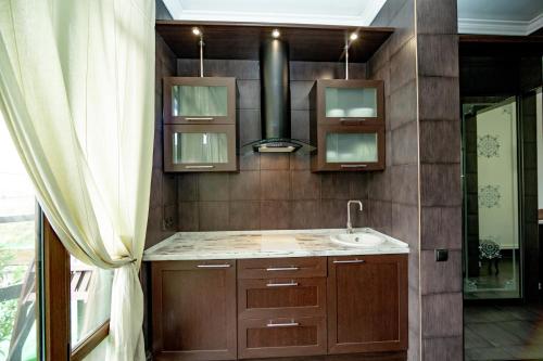 叶夫帕托里亚Guest House Viktoriya的一间带水槽和淋浴及窗户的浴室