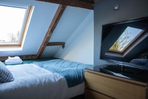 利姆Tiger Roof Terrace Lymm的一间卧室配有一张床和一台平面电视