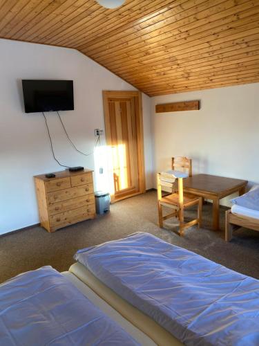 卢捷拿纳德德斯努高尔休闲酒店的一间卧室配有一张床、一张桌子和一台电视。