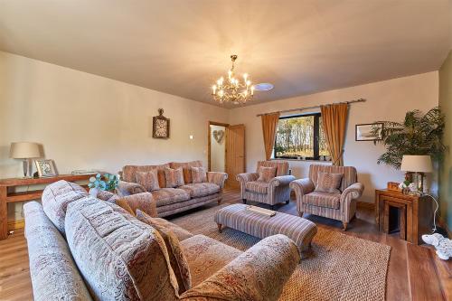 KirkheatonHost & Stay - High Bellridge Farm的带沙发和椅子的客厅以及吊灯。