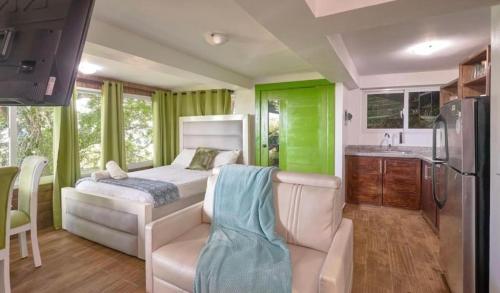 哈拉瓦科阿Mansion Dubai-Mountain-Jacuzzi-4BR-Jamaca De Dios的一间卧室配有床,厨房配有绿色窗帘