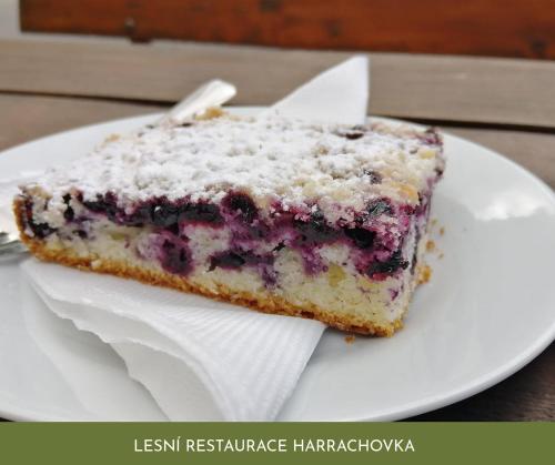 塔博尔Lesní Restaurace Harrachovka的一块白板上的蛋糕