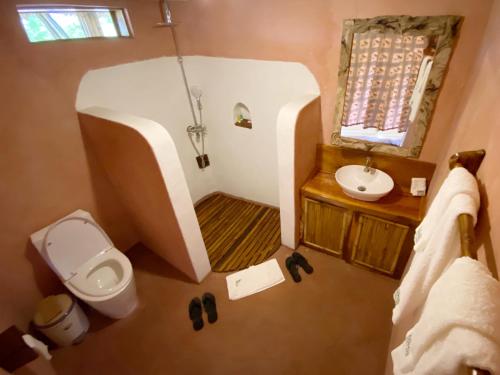 Murchison Falls National ParkMurchison Falls Bamboo Village的一间带卫生间和水槽的小浴室